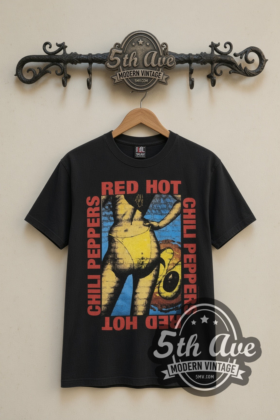 Red Hot Chili Peppers Asterisk Circle & Framed Art vintage band t-shirt in black, front view on the 5MV rack