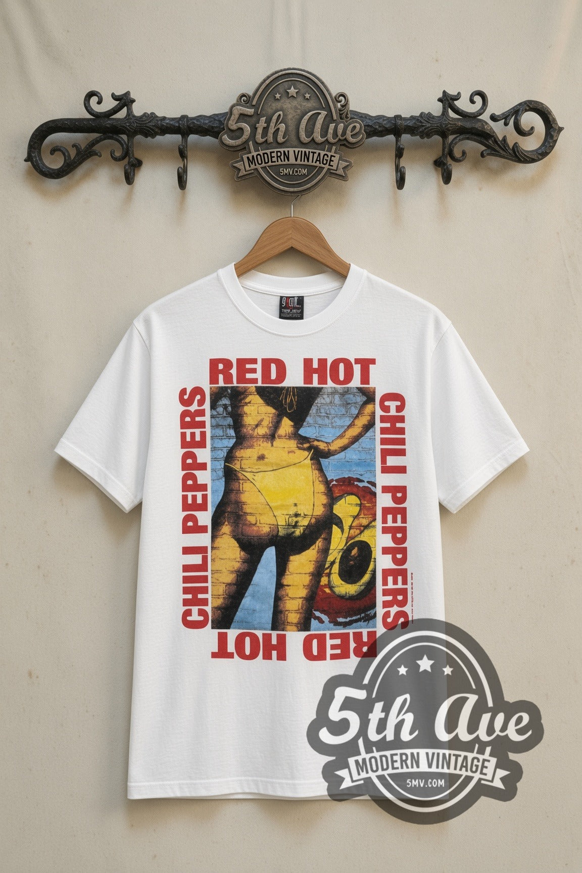 Red Hot Chili Peppers Asterisk Circle & Framed Art vintage band t-shirt in white, front view on the 5MV rack