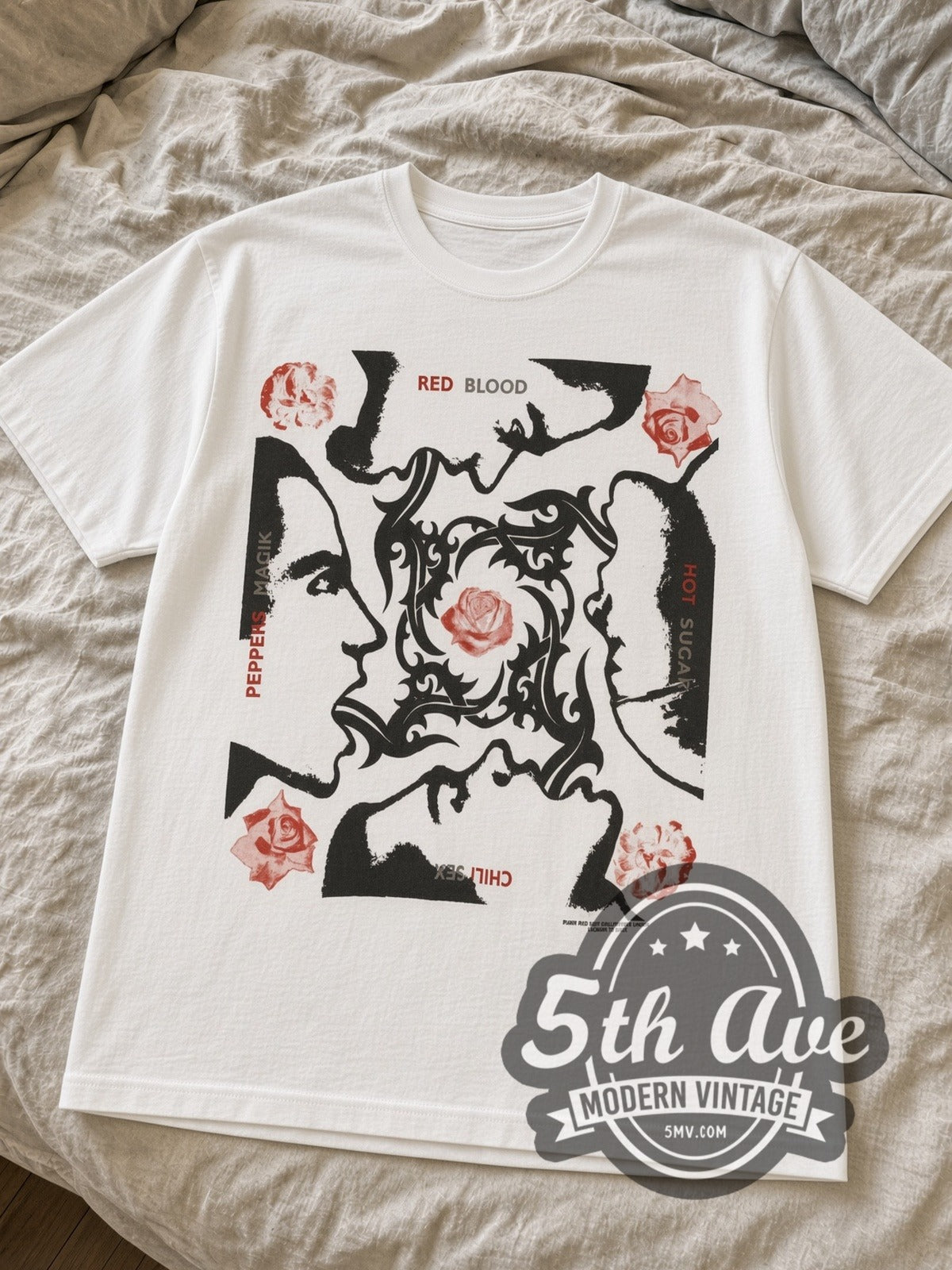 White RHCP Blood Sugar Sex Magik tee laid flat on linen bed