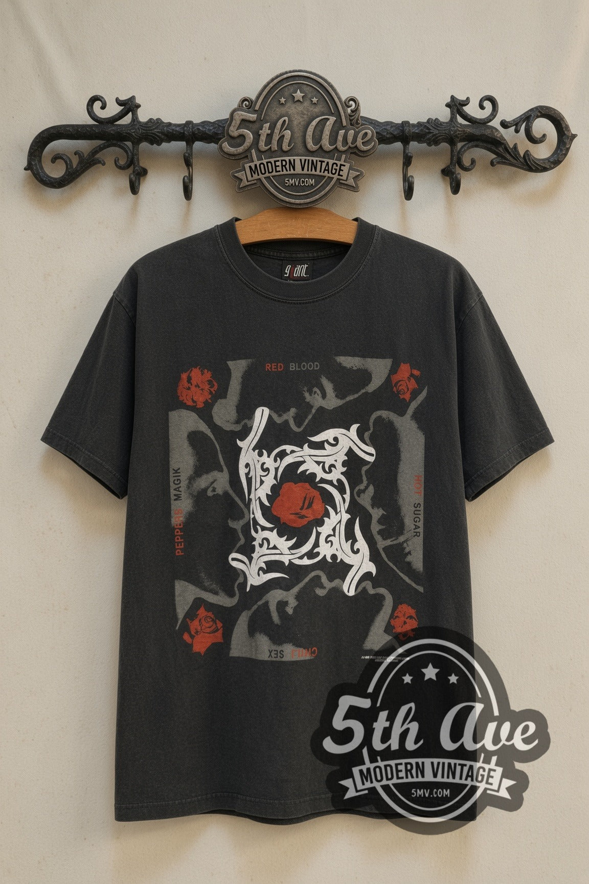 Red Hot Chili Peppers Blood Sugar Sex Magik Asterisk Circle band t-shirt front on 5th Ave iron rack