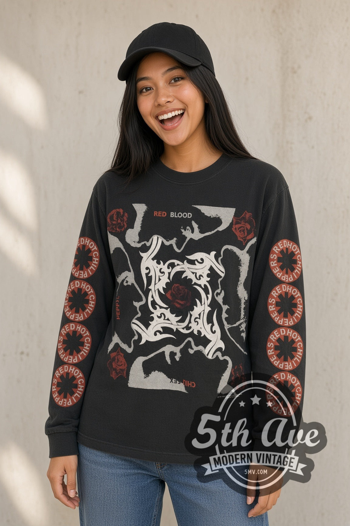 Woman wearing black Red Hot Chili Peppers vintage long sleeve band t-shirt