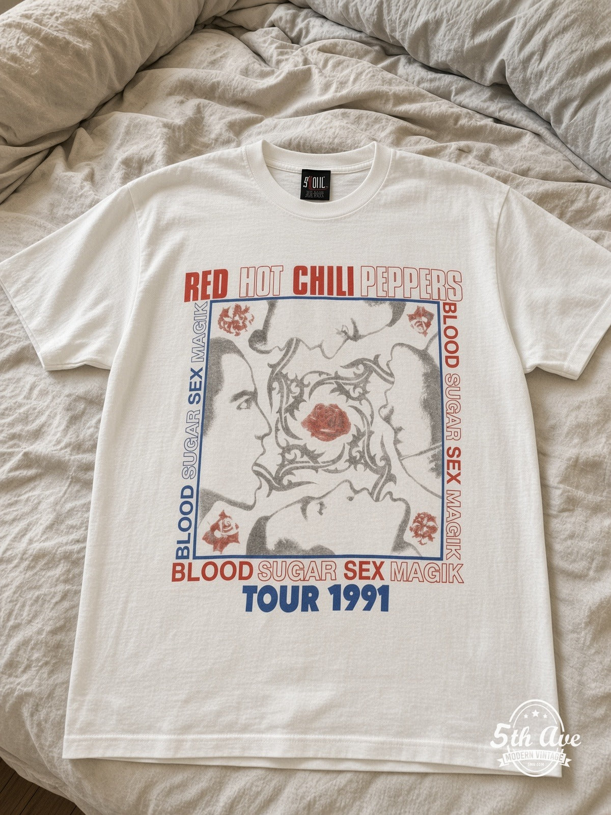 Red Hot Chili Peppers Blood Sugar Sex Magik Tour 1991 vintage tee laid on bed