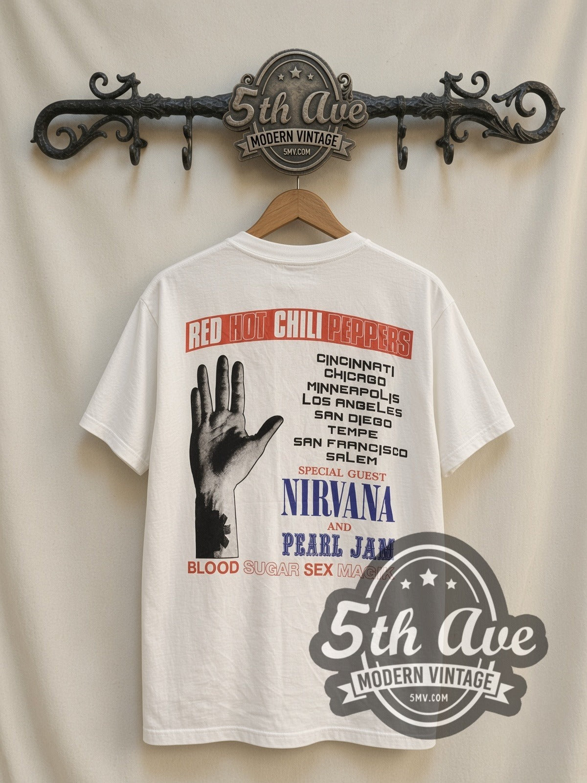 Red Hot Chili Peppers Blood Sugar Sex Magik Tour 1991 vintage band t-shirt, back view on a display rack