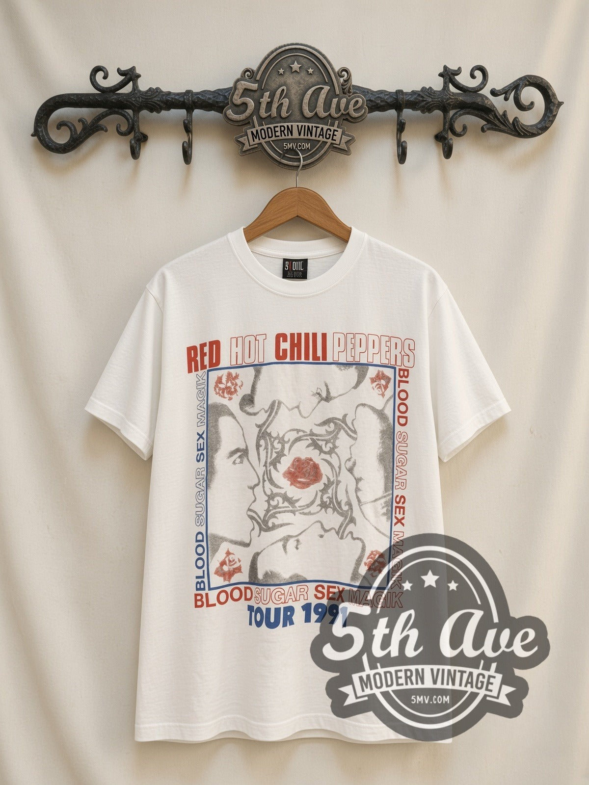 Red Hot Chili Peppers Blood Sugar Sex Magik Tour 1991 vintage band t-shirt, front view on a display rack