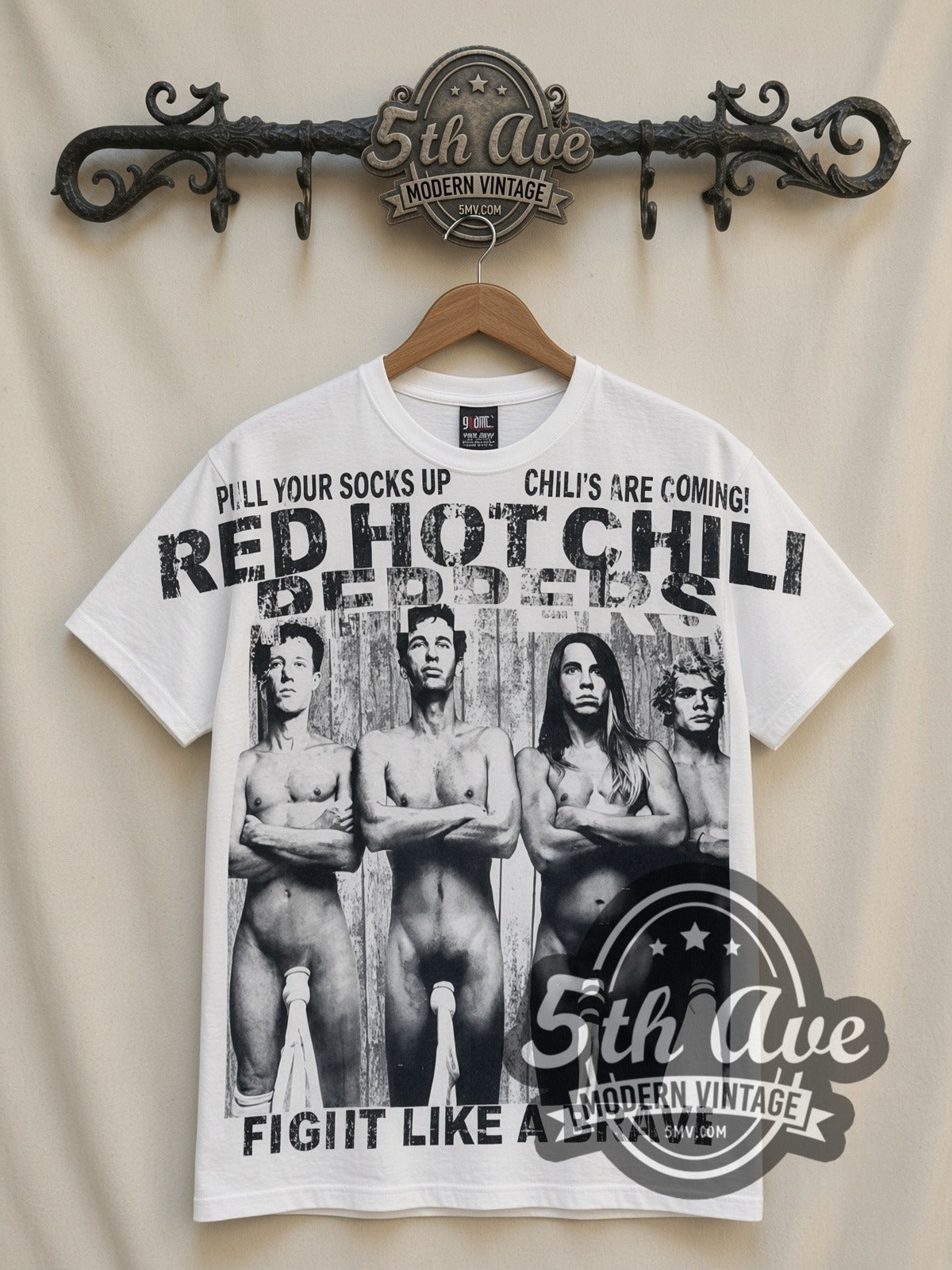 Red Hot Chili Peppers Fight Like A Brave all-over-print vintage band t-shirt in white, front view on a display rack