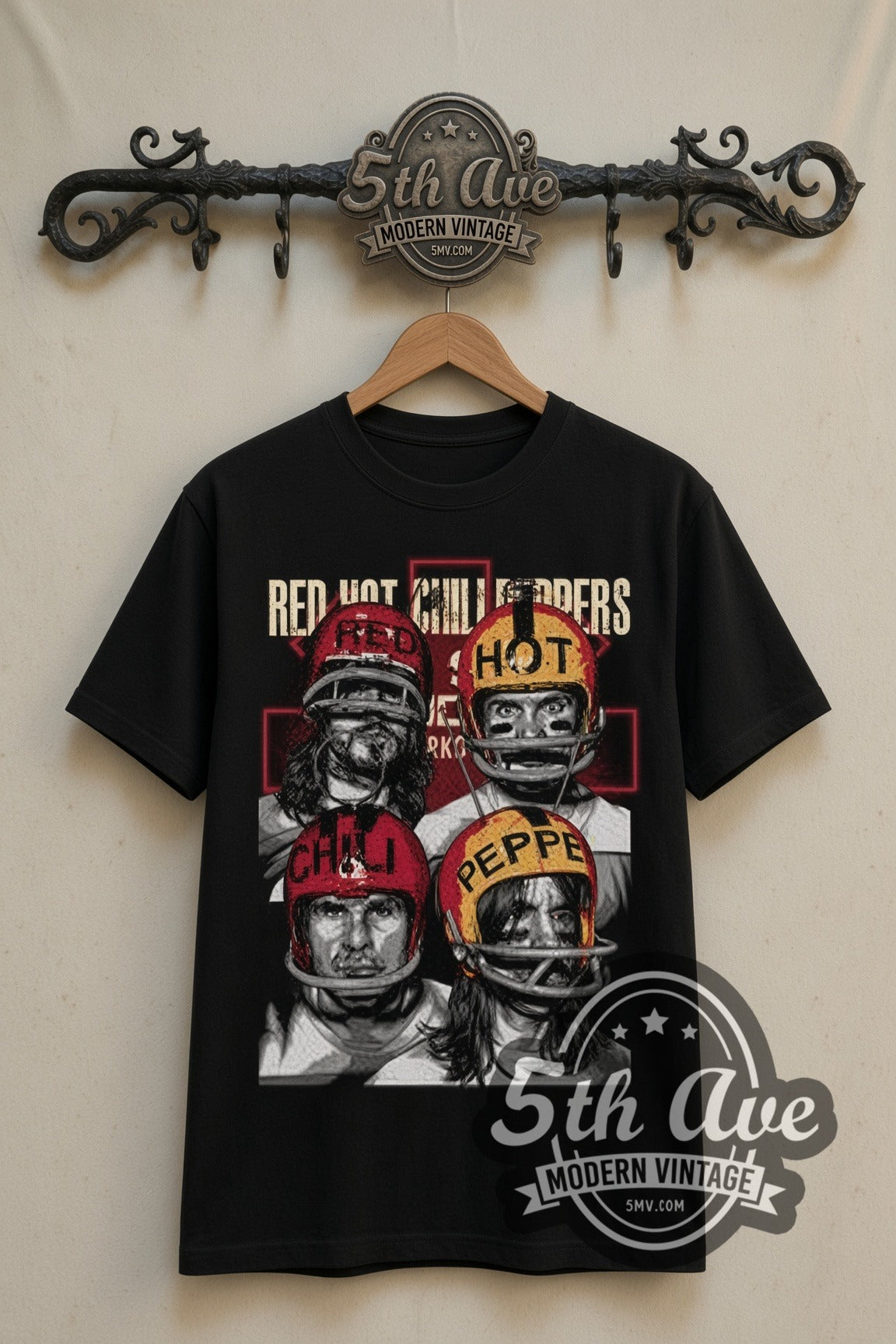 Red Hot Chili Peppers Football Helmet Band double stitched black tee front on dark iron 5th Ave rack