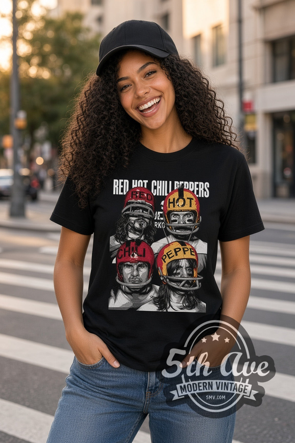 Woman wearing Red Hot Chili Peppers Football Helmet Band double stitched black graphic tee
