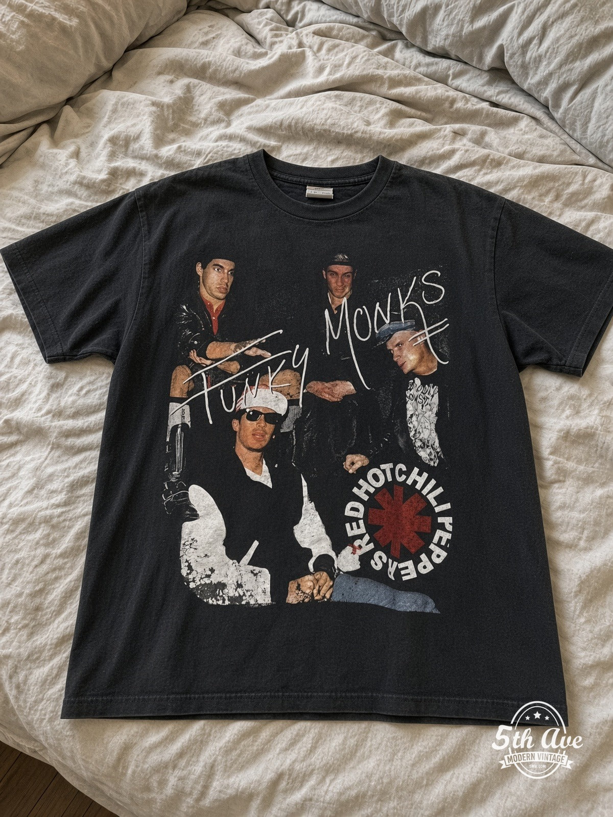 Red Hot Chili Peppers Funky Monks Greatest Hits vintage tee laid on bed