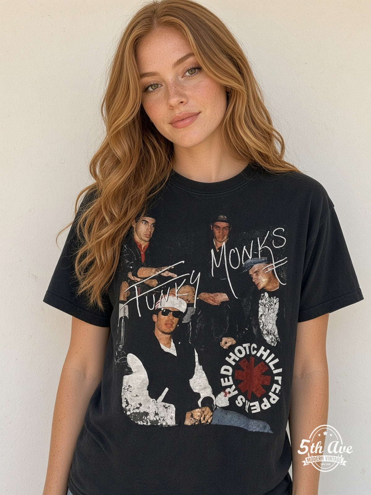 Model wearing Red Hot Chili Peppers Funky Monks Greatest Hits vintage t-shirt