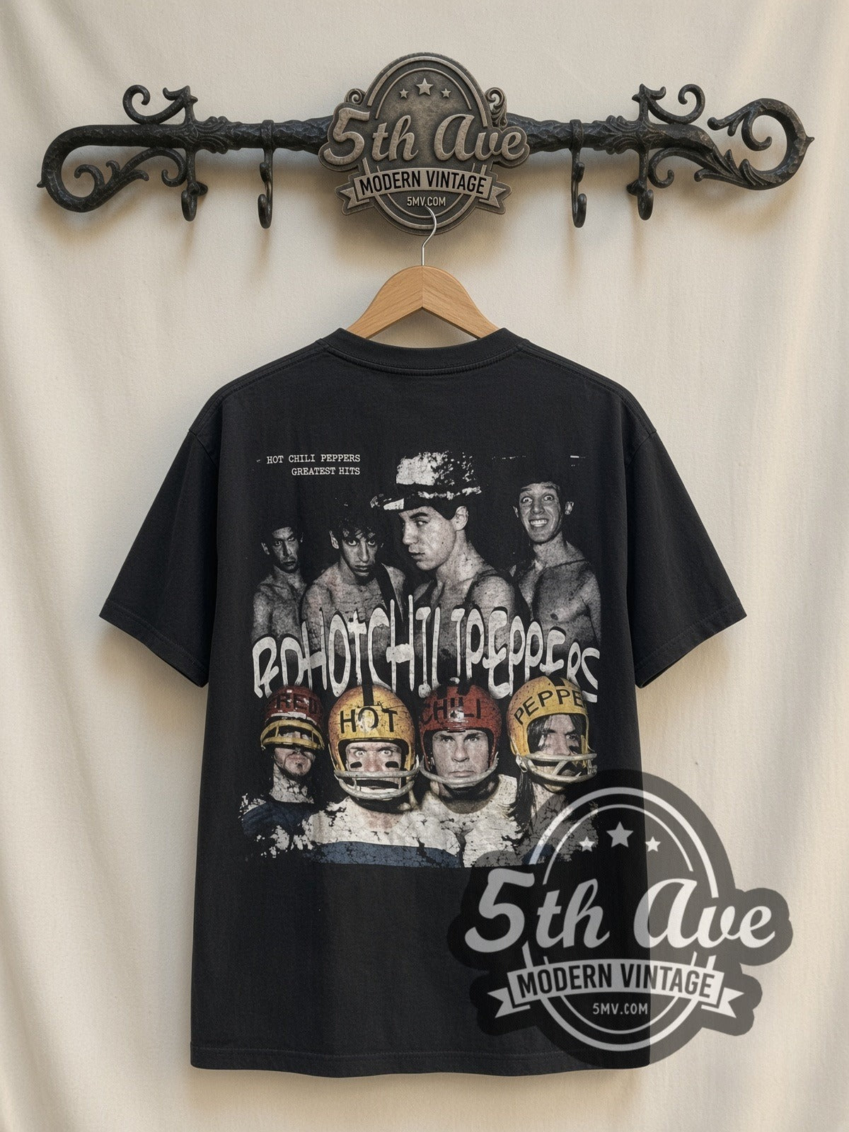 Red Hot Chili Peppers Funky Monks / Greatest Hits vintage band t-shirt, back view on a display rack