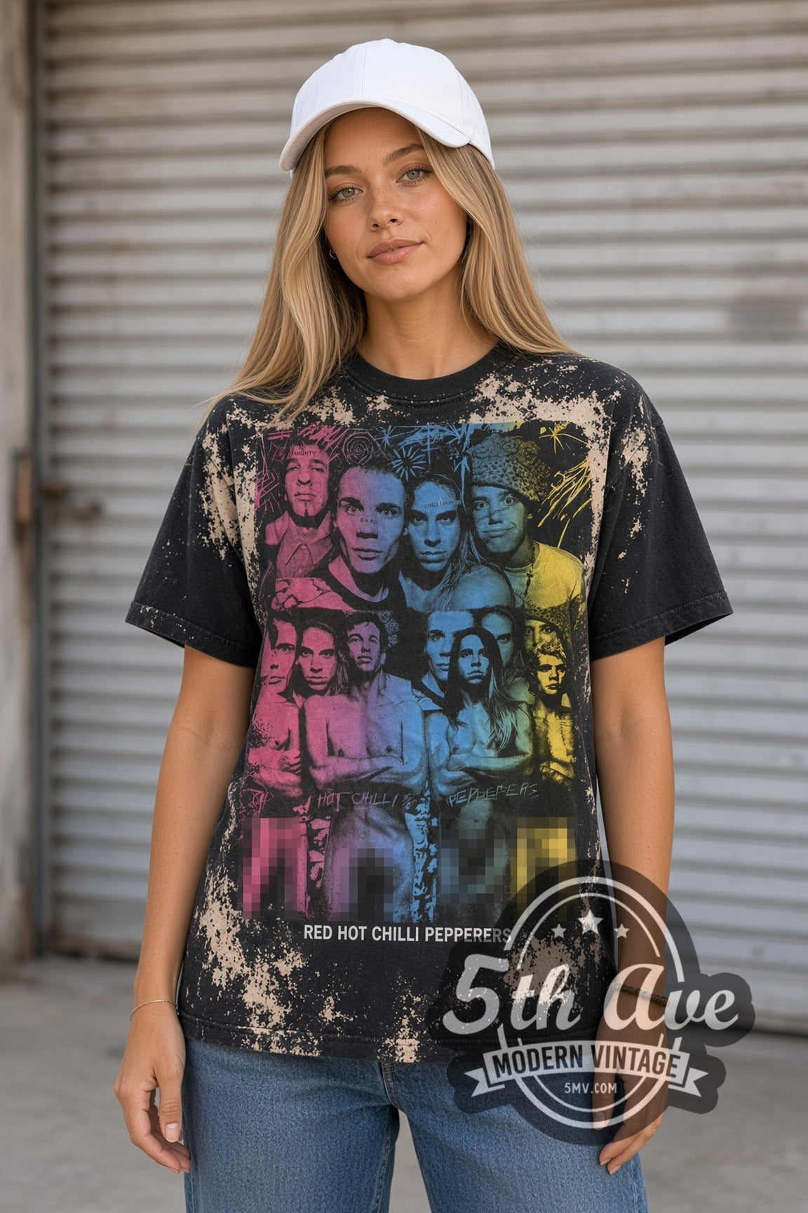 Man wearing black Red Hot Chili Peppers vintage all over print t-shirt