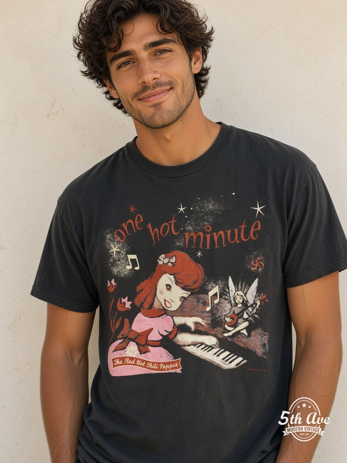 Model wearing Red Hot Chili Peppers One Hot Minute World Tour 1995 vintage t-shirt