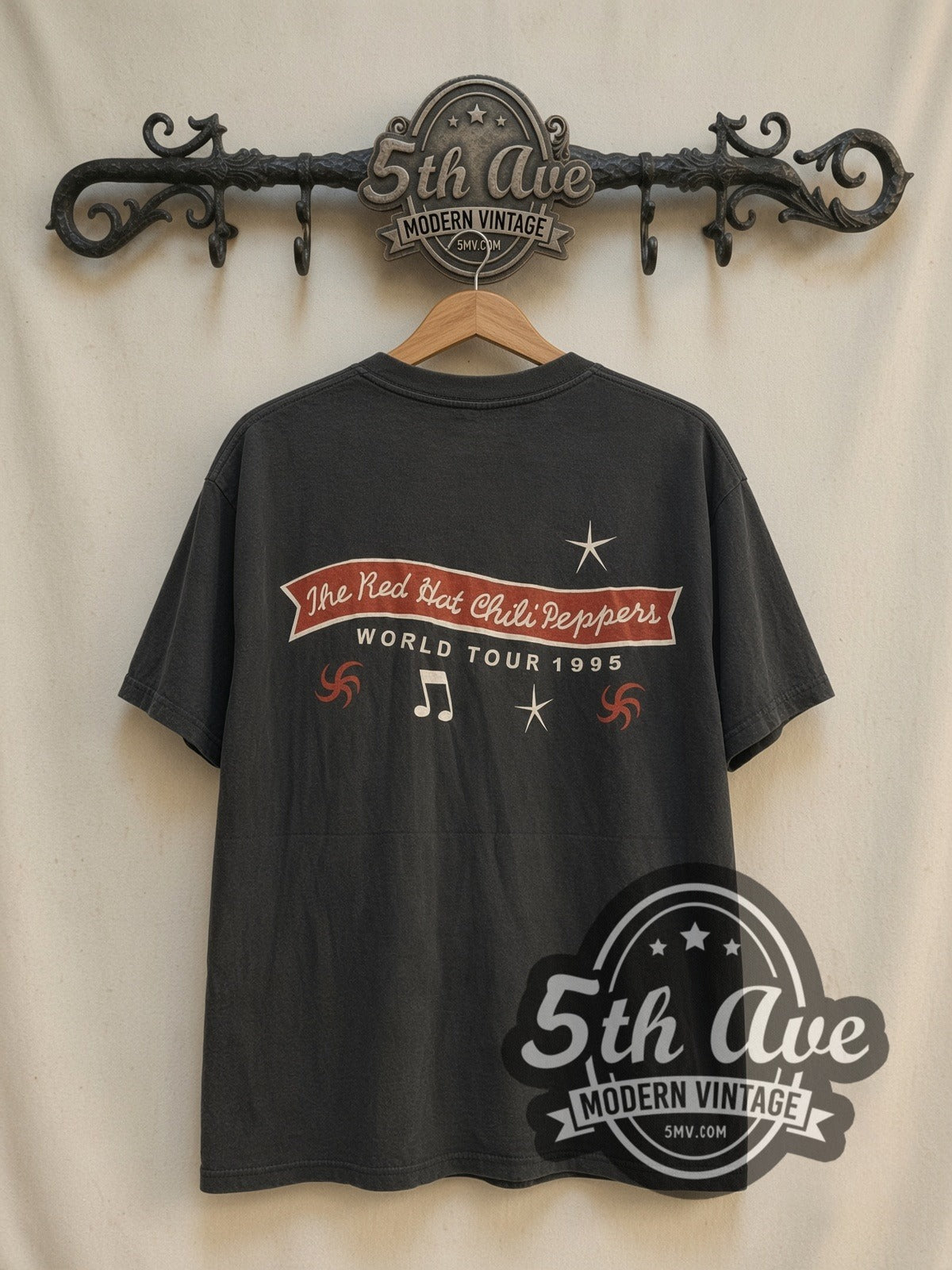 Red Hot Chili Peppers One Hot Minute 1995 vintage band t-shirt, back view on a display rack