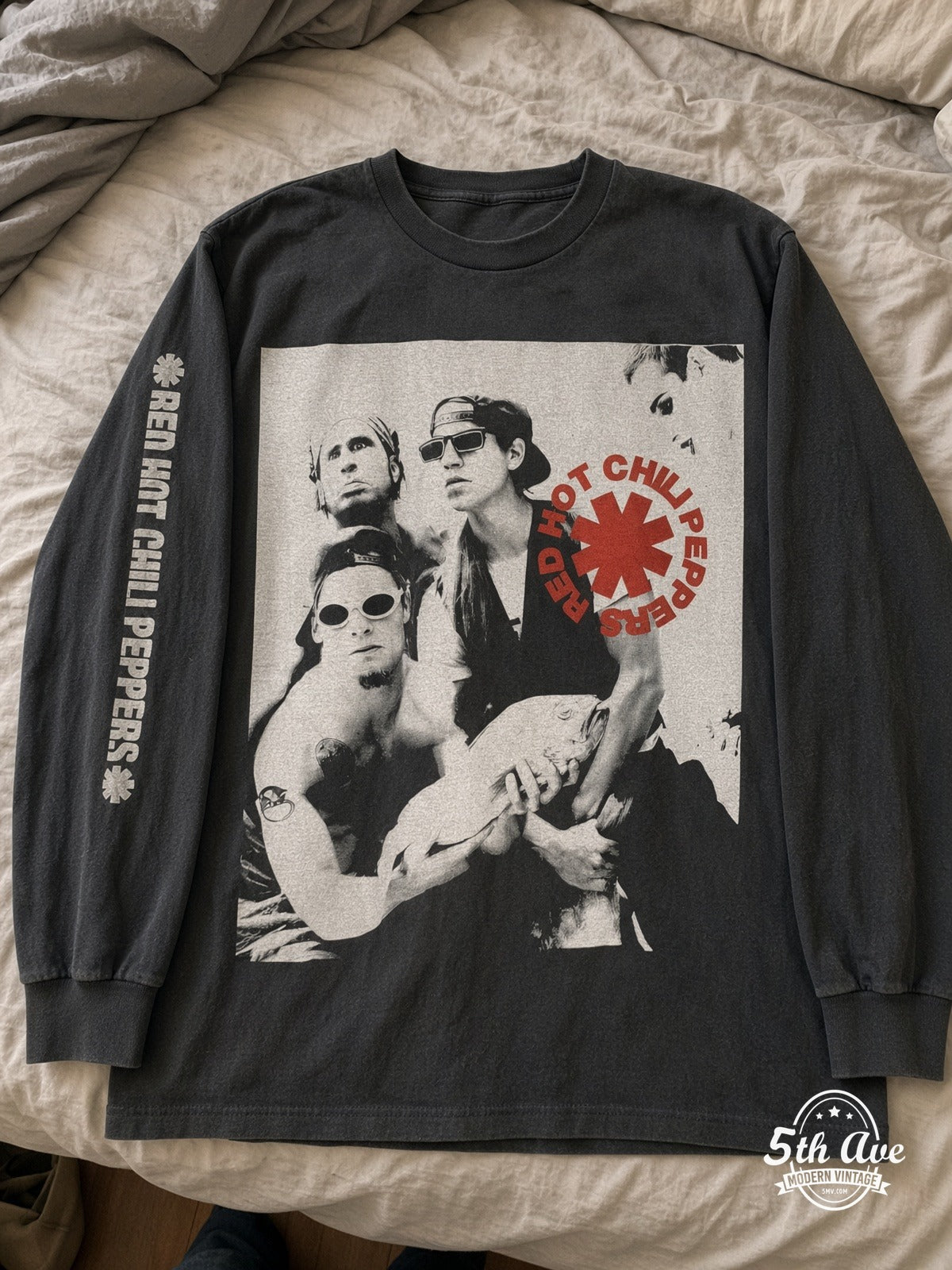 Red Hot Chili Peppers Out in L.A. long sleeve vintage band tee laid on bed