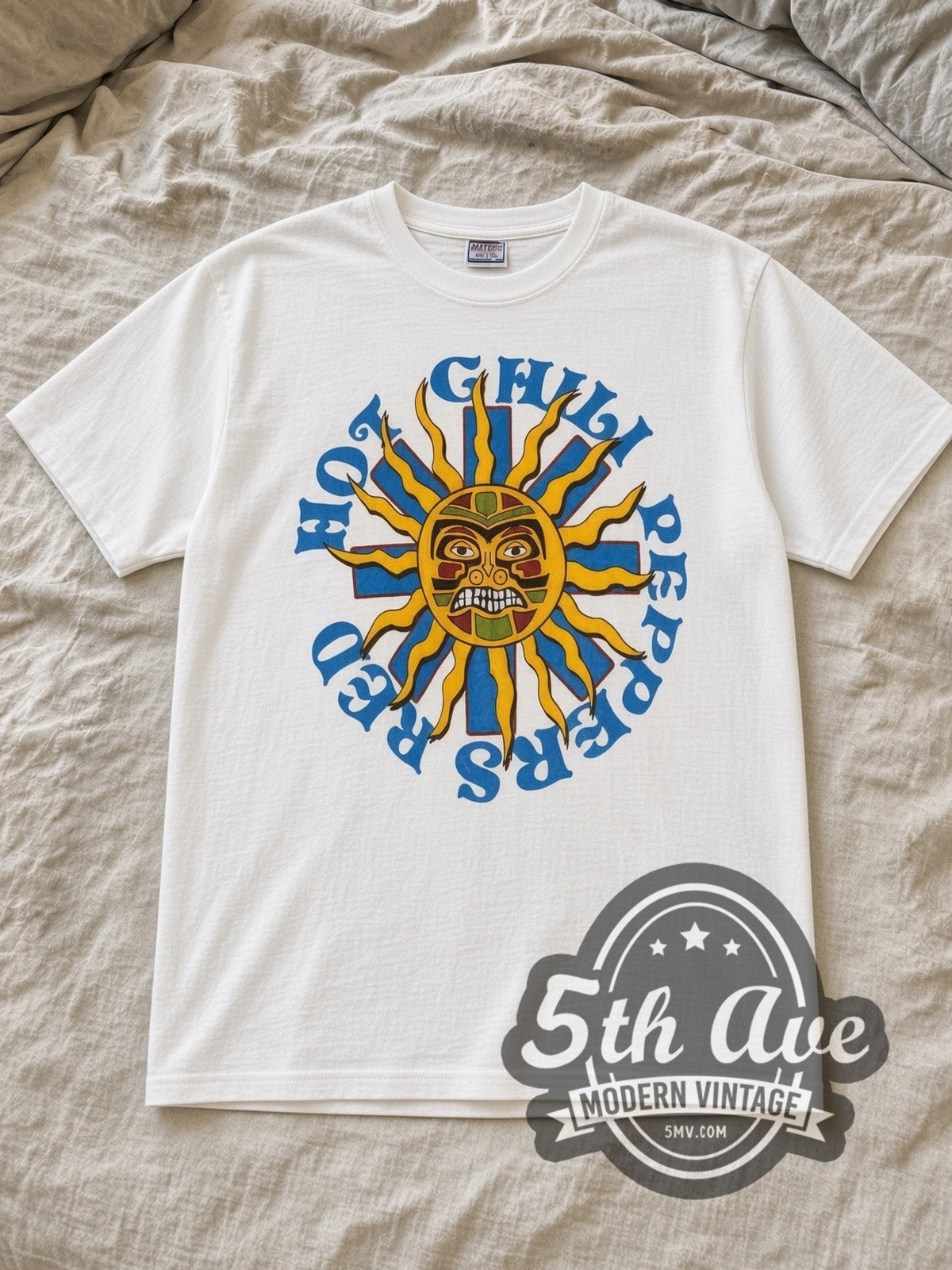 White Red Hot Chili Peppers Aeroplane Tour 1996 Vintage Band T-Shirt laid flat on a linen bed