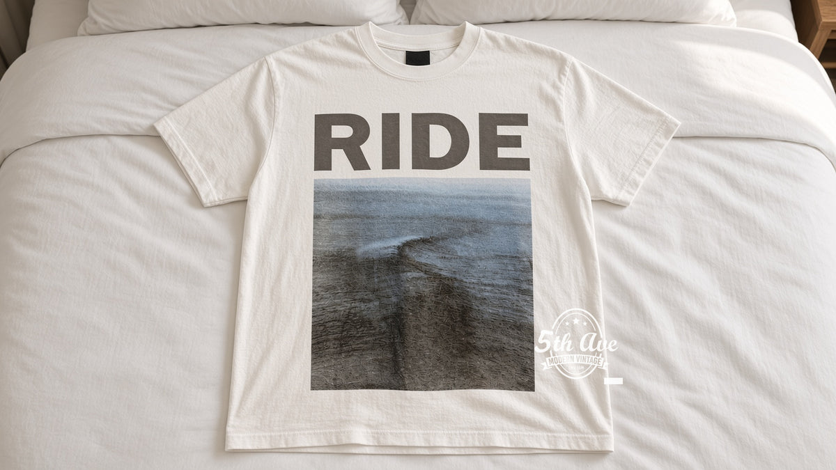 Ride Nowhere Wave Cover White vintage t-shirt laid on bed