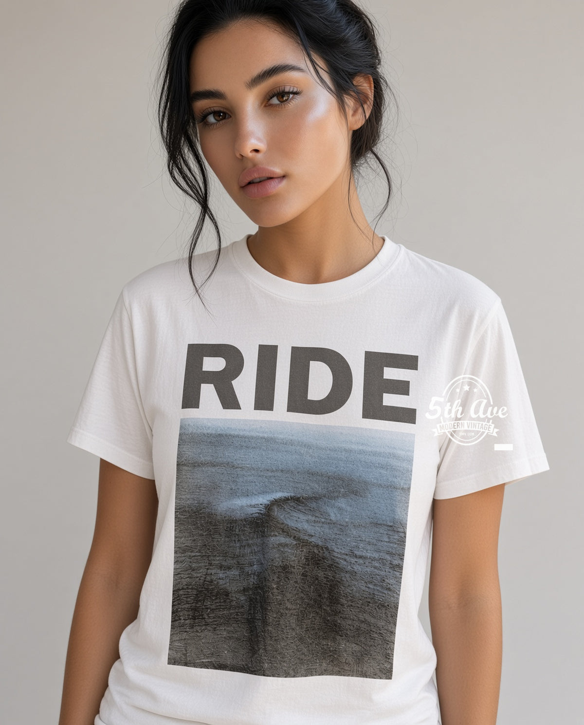 Model wearing Ride Nowhere Wave Cover White vintage band tee