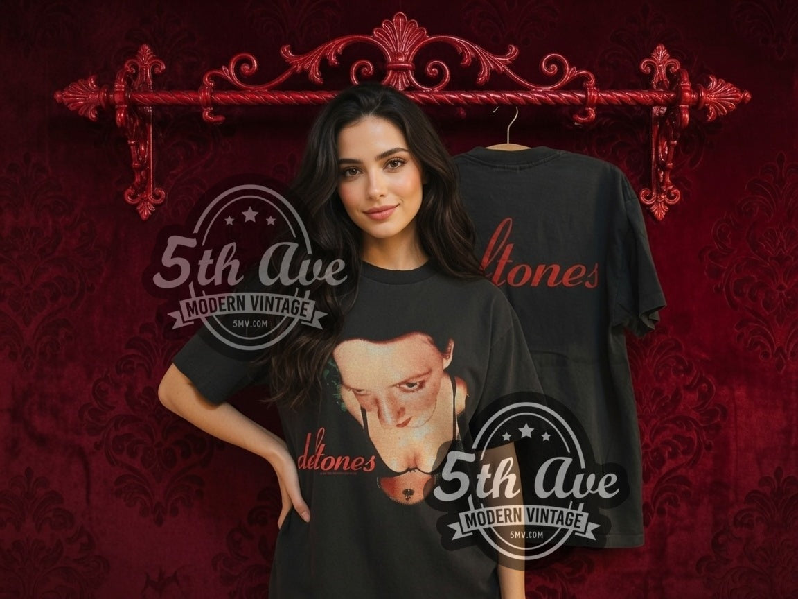 Model wearing the Deftones Around the Fur Red Script Logo vintage band t-shirt, photo 3