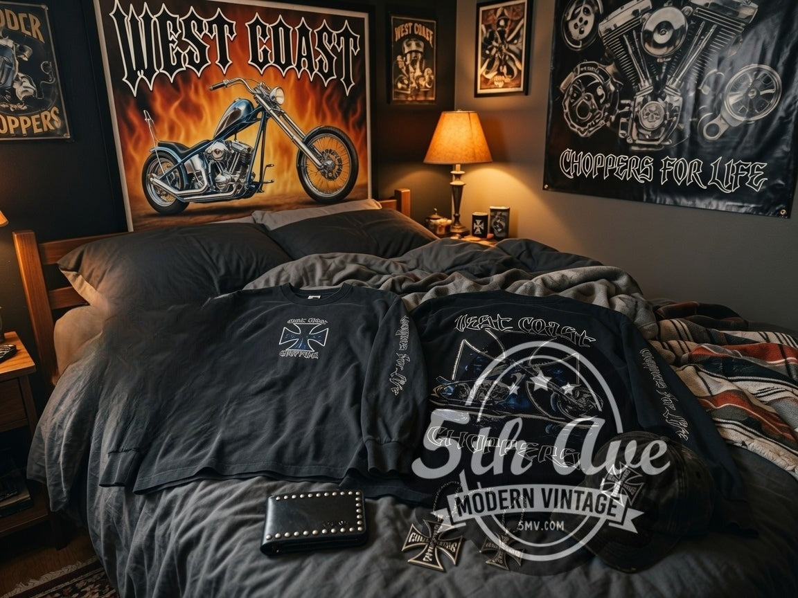 West Coast Choppers Blue Flame Cross Chopper Back vintage biker long sleeve tee laid flat
