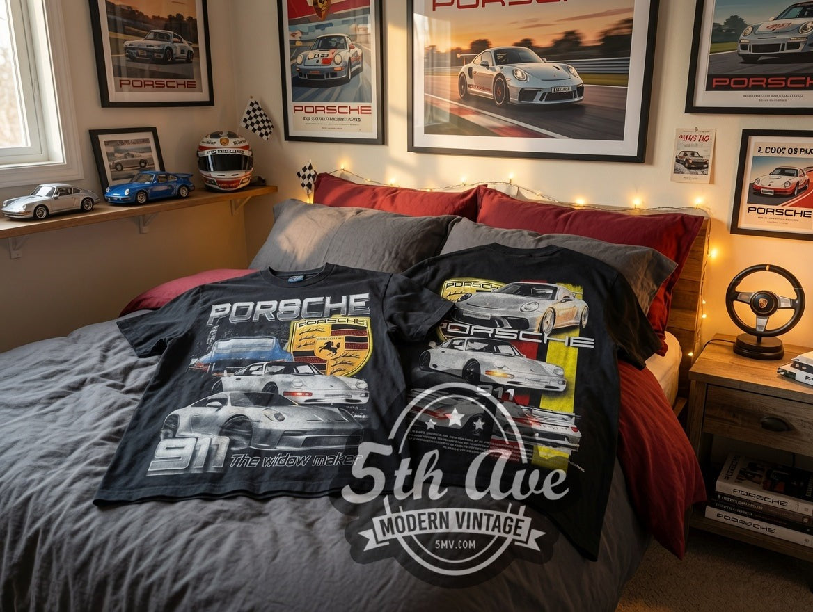 Porsche vintage graphic t-shirt, back view on the 5MV rack