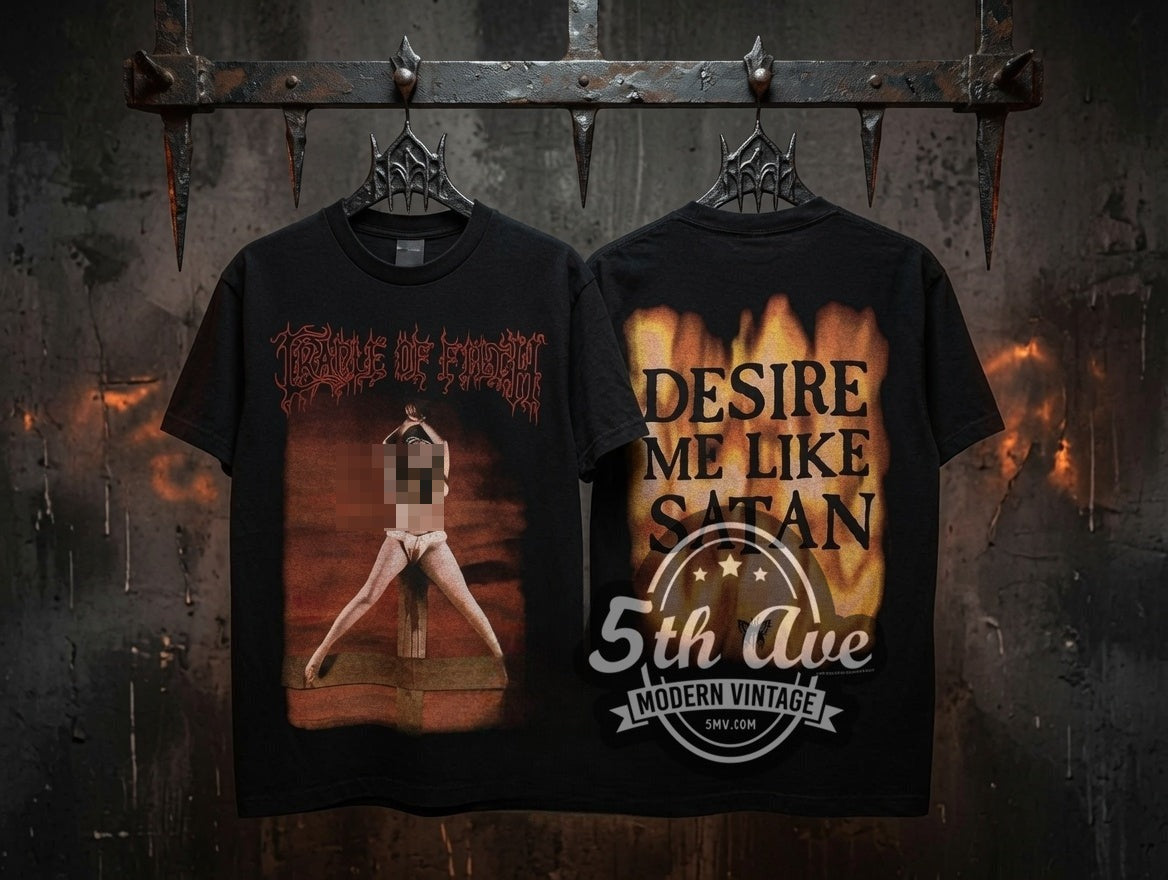 Cradle of Filth Desire Me Like Satan vintage band t-shirt, front view on a display rack
