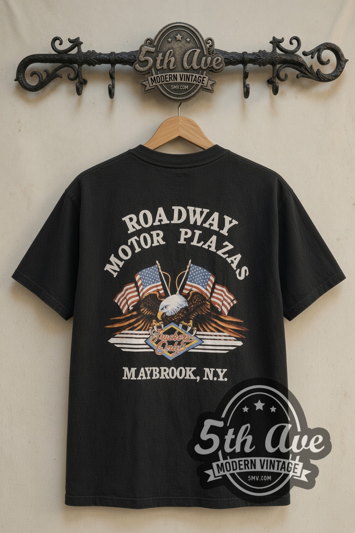 Back print of Roadway Motor Plazas Pin-Up & Semi Truck Moon tee on 5th Ave rack