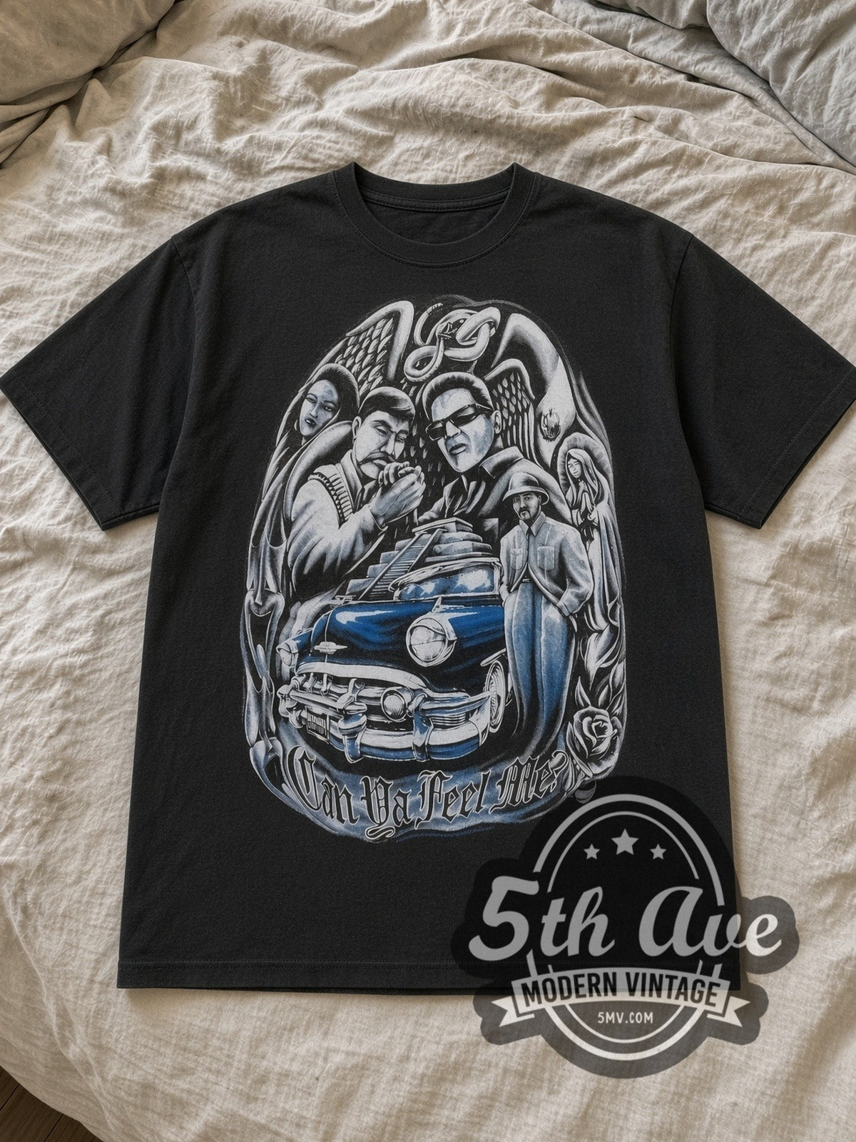 Black Rollin Hard Low Rider Culture Tribute Vintage Graphic T-Shirt laid flat on a linen bed