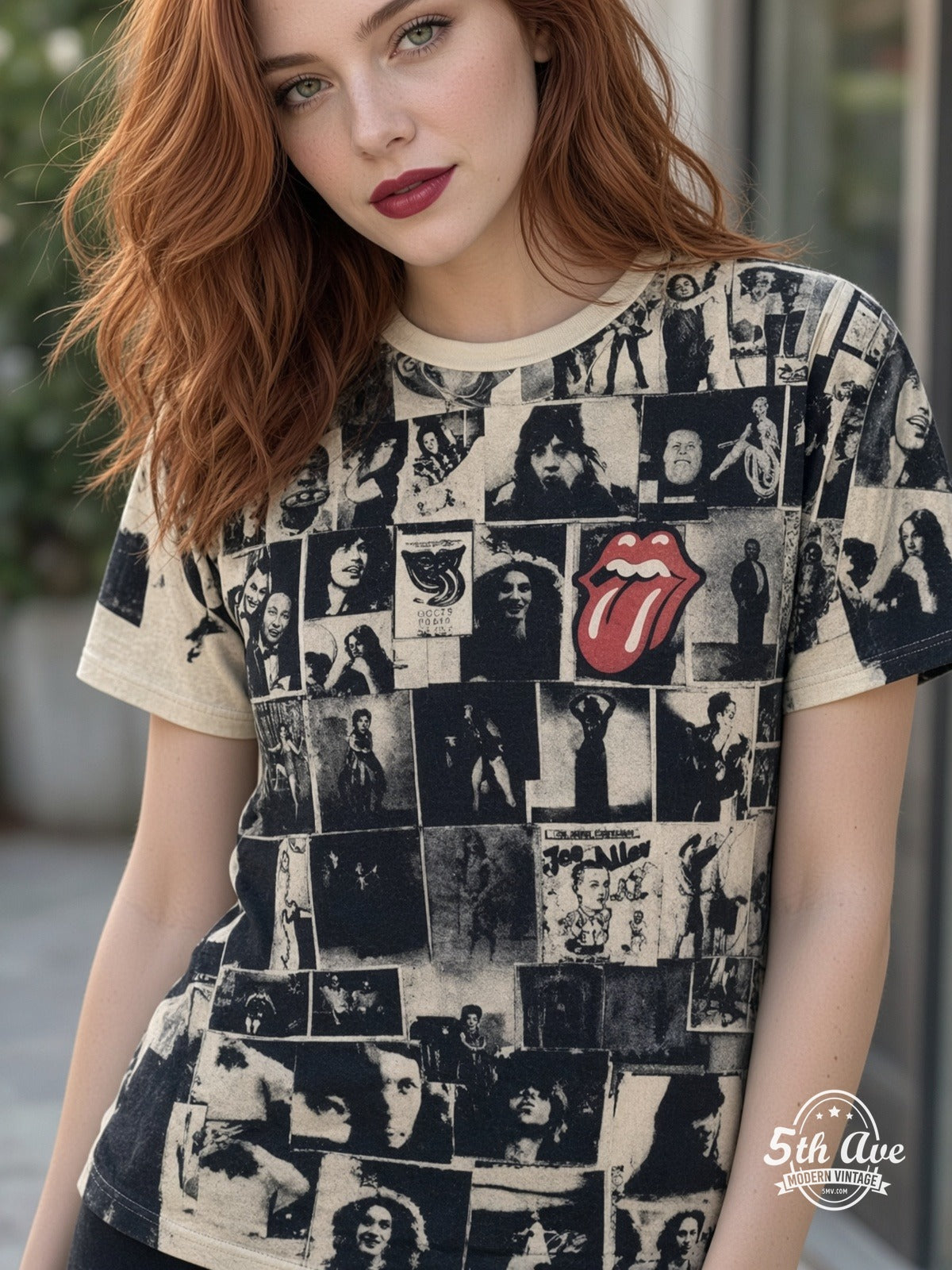 The Rolling Stones Exile on Main St Collage all over print vintage tee model wearing
