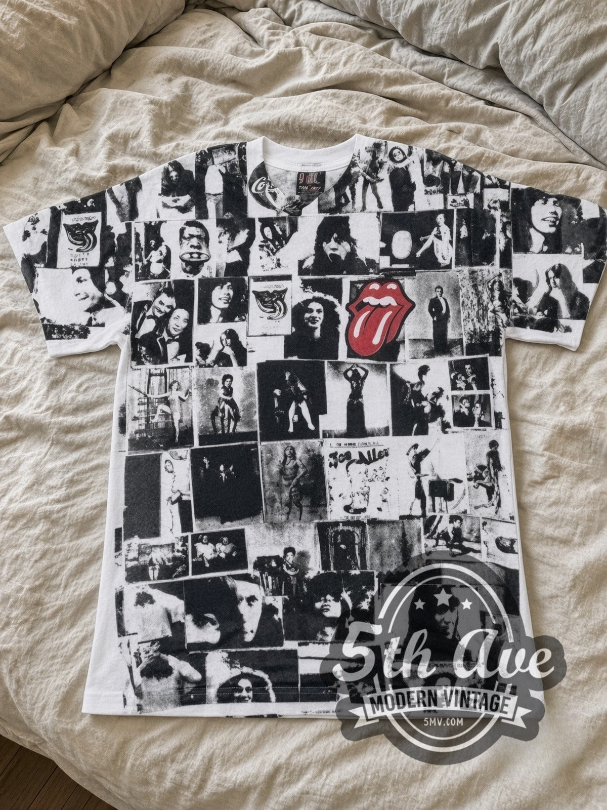 The Rolling Stones Exile on Main St Collage White all-over-print vintage band tee laid flat