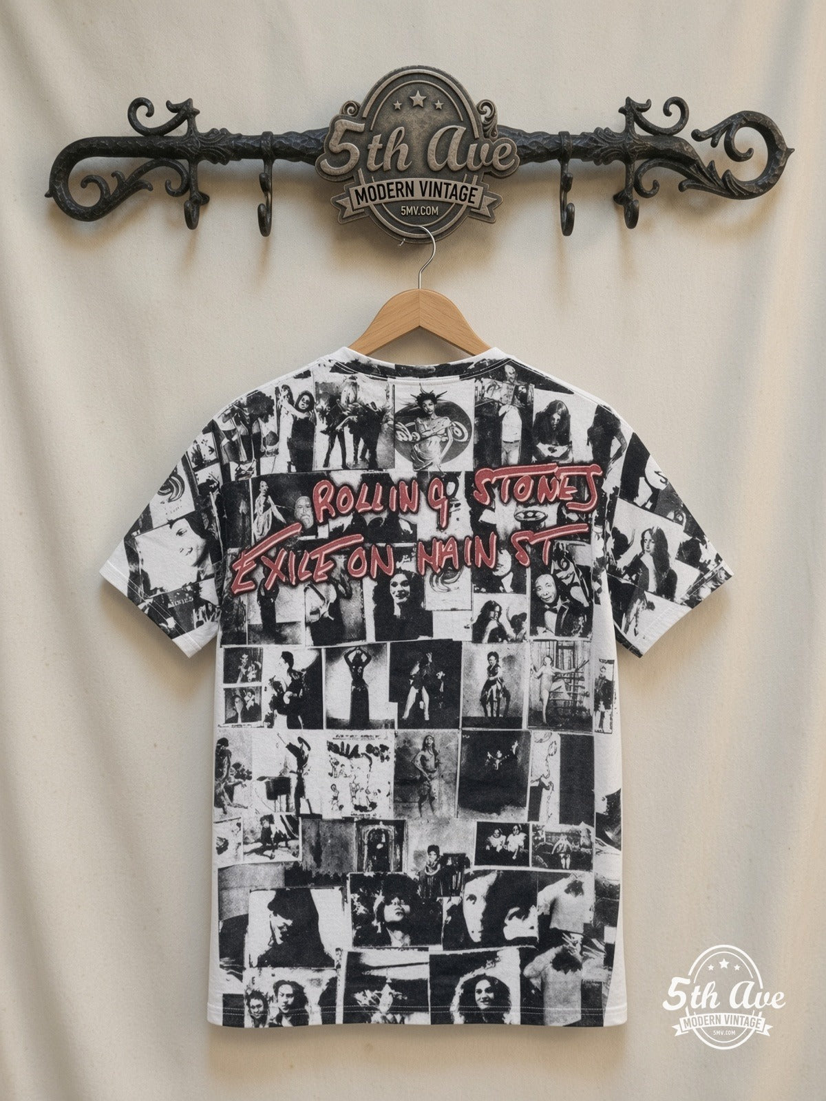 The Rolling Stones Exile on Main St Collage White all over print vintage tee back on cream 5th Ave rack