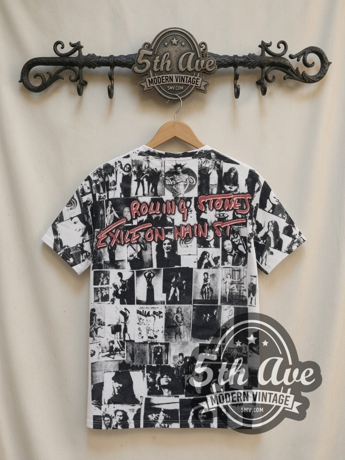 The Rolling Stones Exile on Main St Collage all-over-print vintage band t-shirt in white, back view on a display rack
