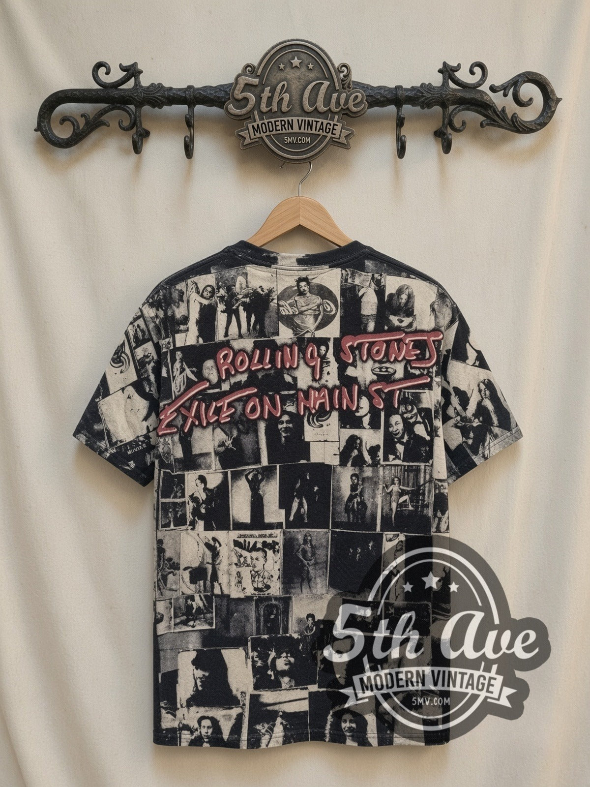 The Rolling Stones Exile on Main St Collage all-over-print vintage band t-shirt, back view on a display rack