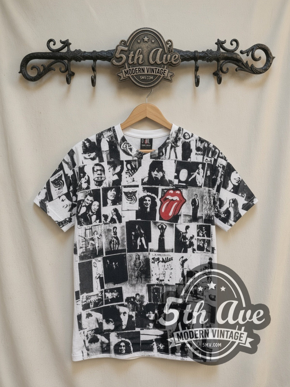 The Rolling Stones Exile on Main St Collage all-over-print vintage band t-shirt in white, front view on a display rack