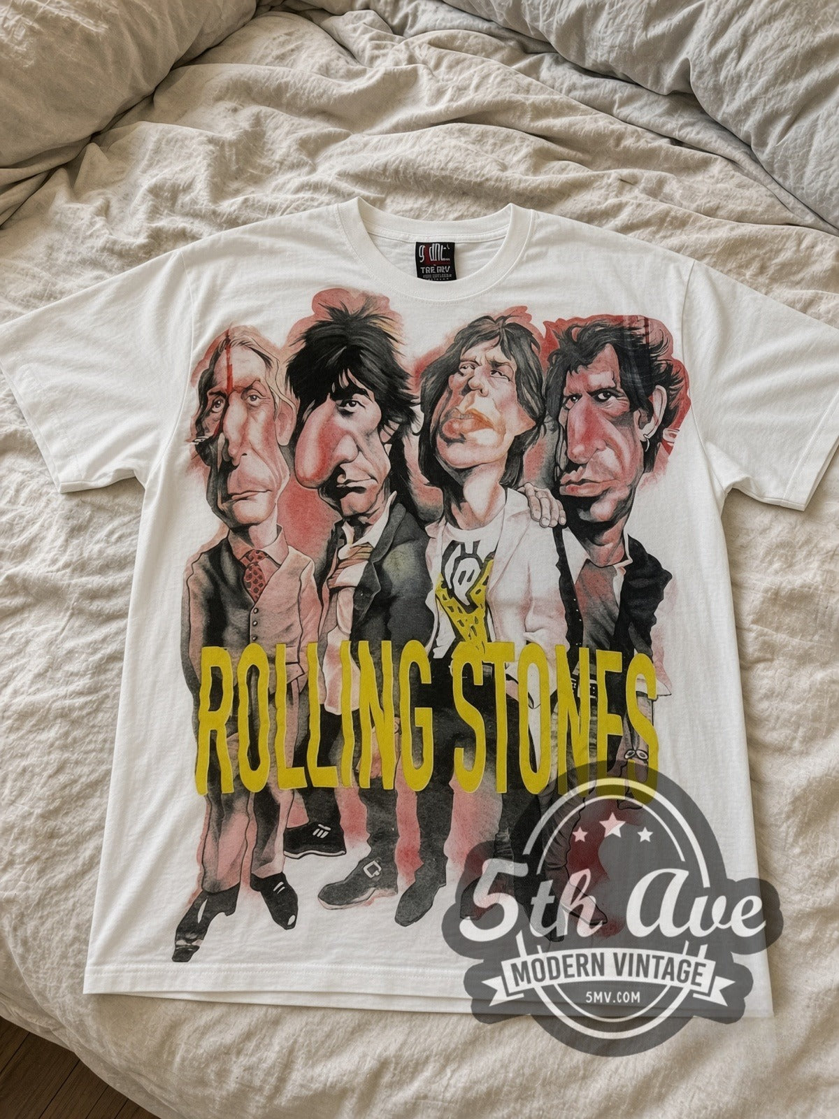 The Rolling Stones Voodoo Lounge Caricature all-over-print vintage band tee laid flat