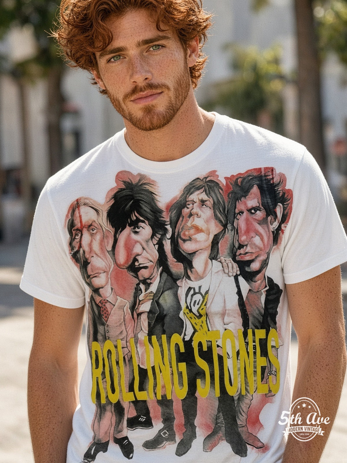 The Rolling Stones Voodoo Lounge Caricature all over print vintage tee model wearing