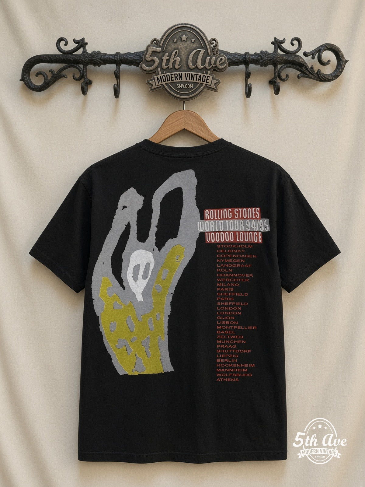 The Rolling Stones Voodoo Lounge Caricature Black all over print vintage tee back on cream 5th Ave rack