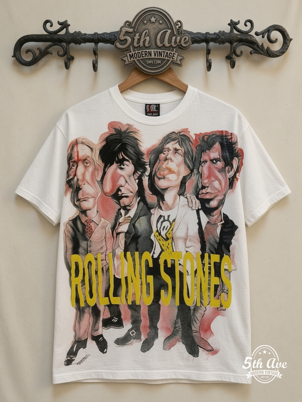 The Rolling Stones Voodoo Lounge Caricature all over print vintage band t-shirt front on cream 5th Ave rack