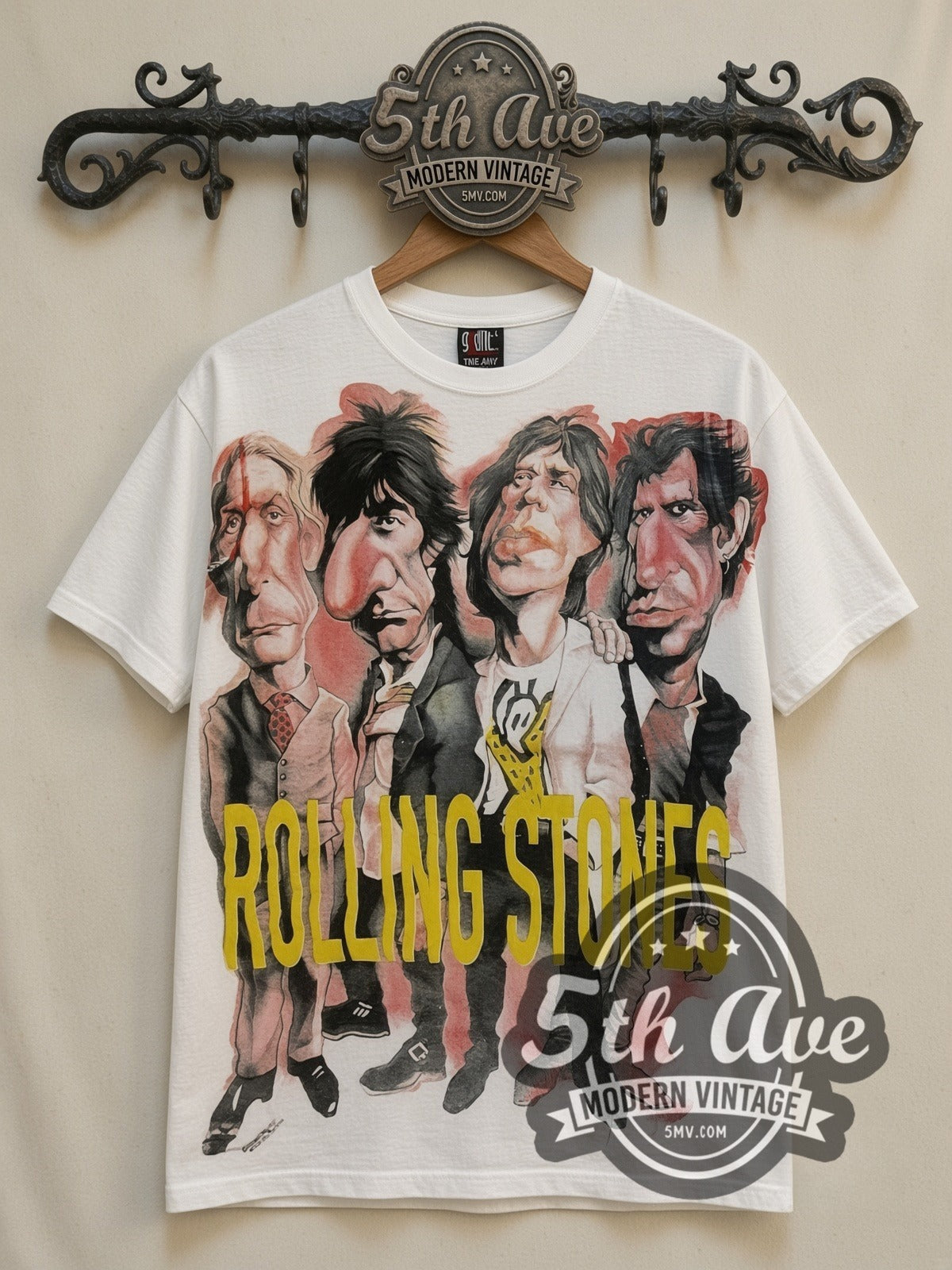 The Rolling Stones Voodoo Lounge Caricature all-over-print vintage band t-shirt in white, front view on a display rack