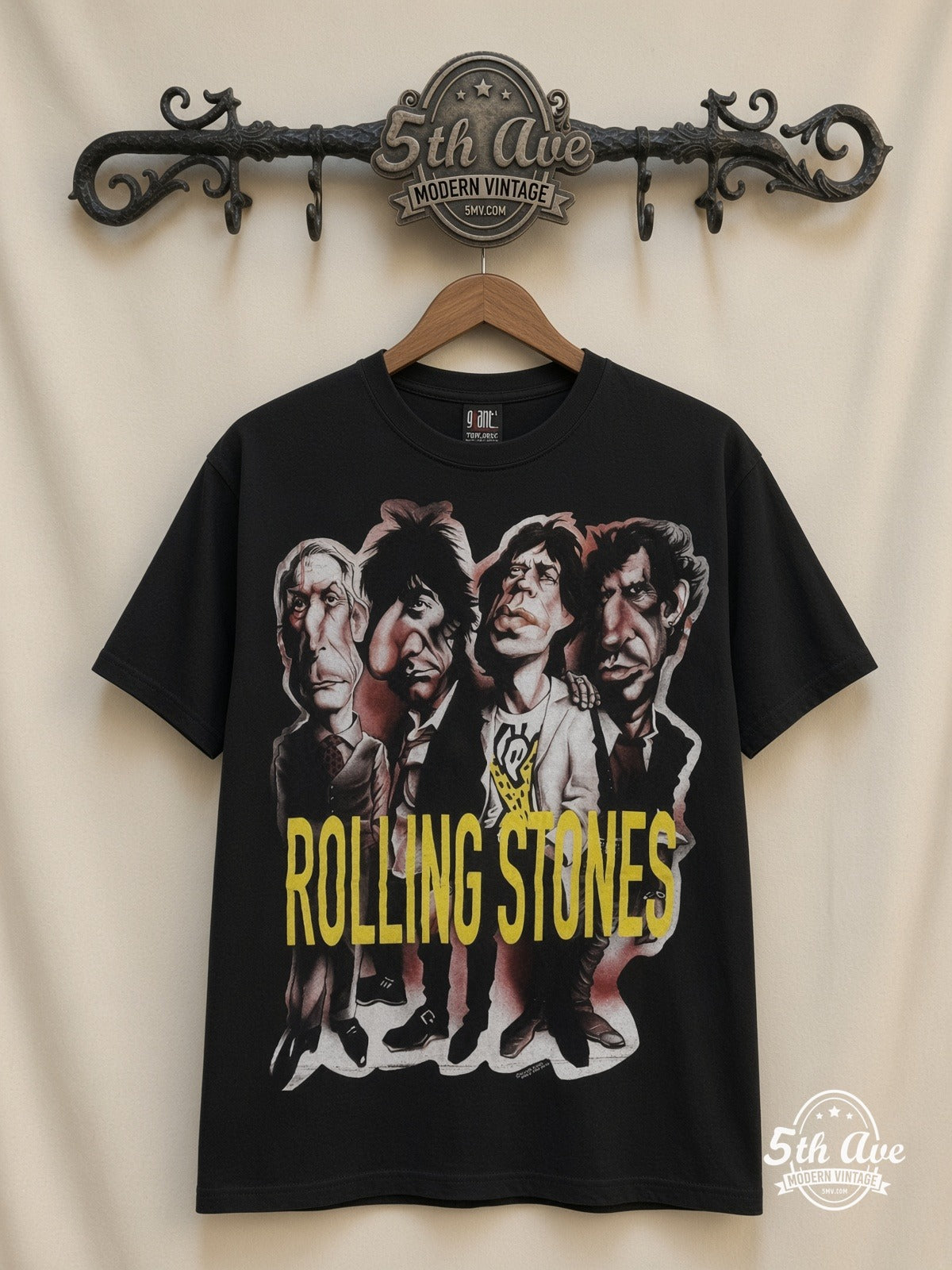 The Rolling Stones Voodoo Lounge Caricature Black all over print vintage band t-shirt front on cream 5th Ave rack