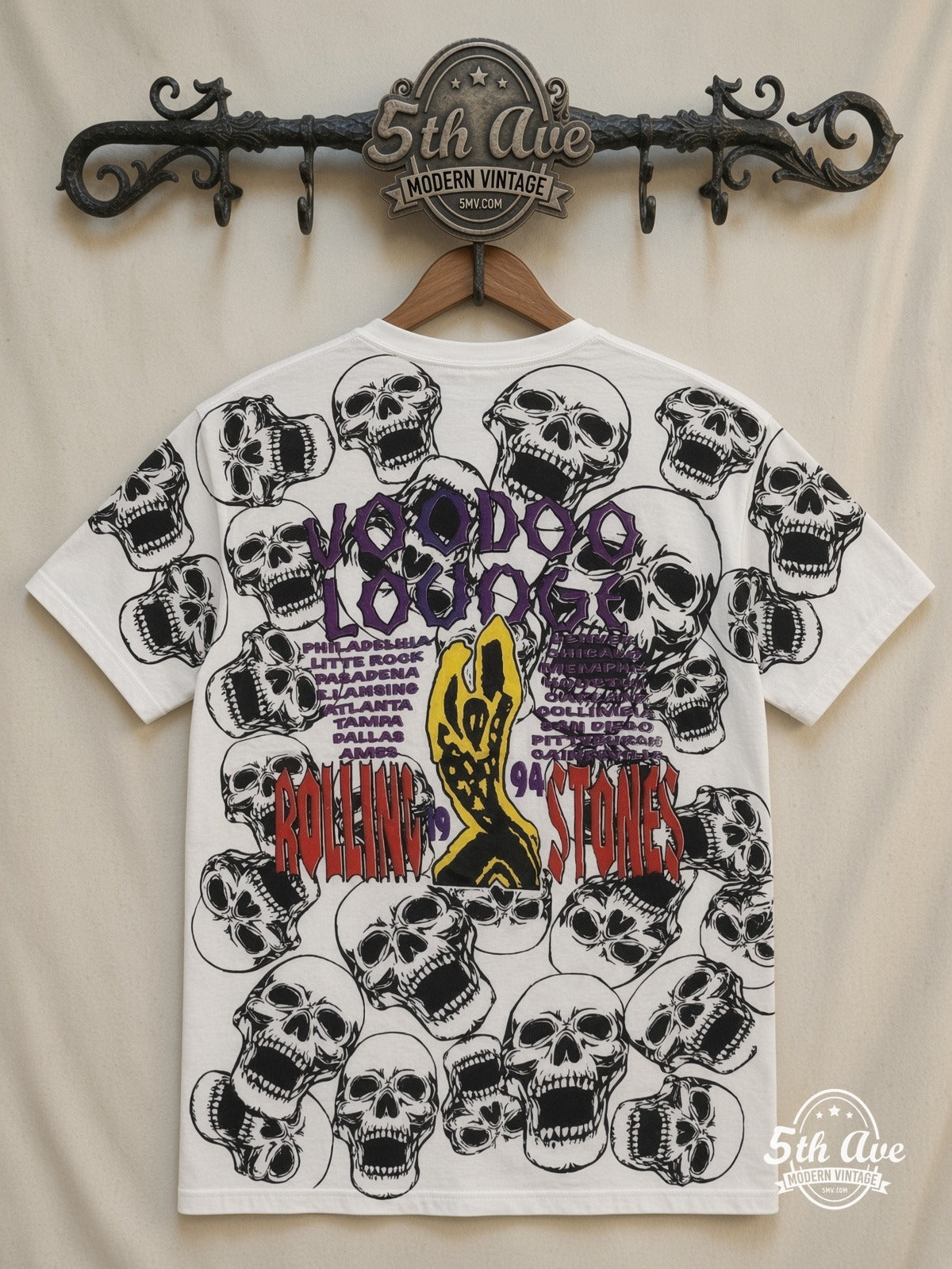 The Rolling Stones Voodoo Lounge Skulls all over print vintage tee back on cream 5th Ave rack