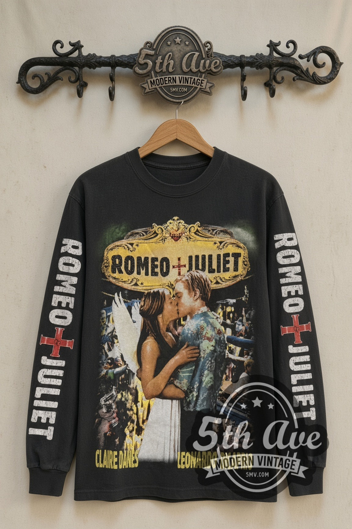 Romeo + Juliet DiCaprio & Danes Kiss Collage movie tee front on 5th Ave iron rack