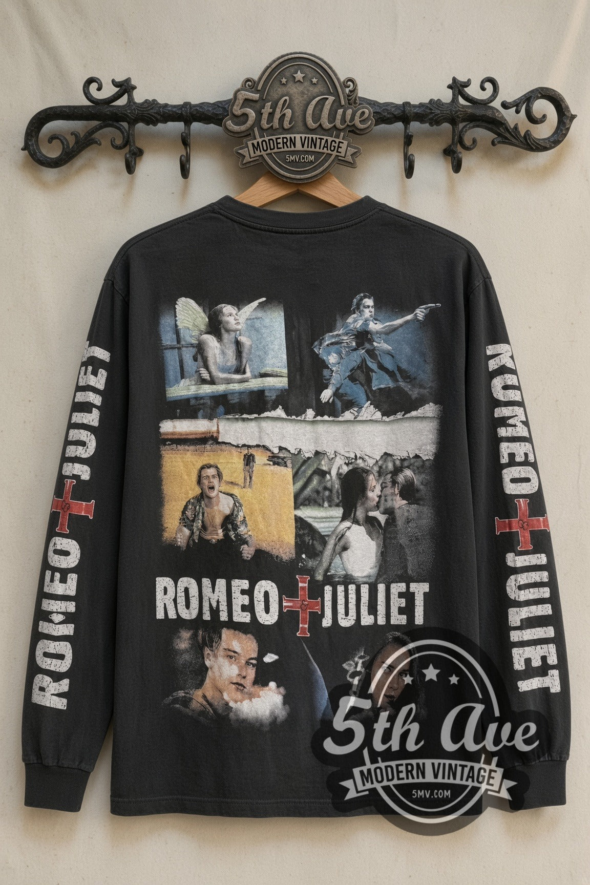 Back print of Romeo + Juliet DiCaprio & Danes Kiss Collage long sleeve tee on 5th Ave rack