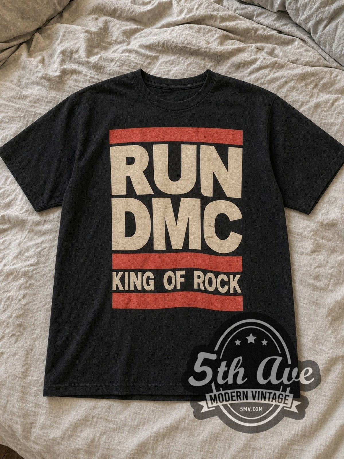 Black Run DMC RUN DMC Vintage Rap Tee laid flat on a linen bed