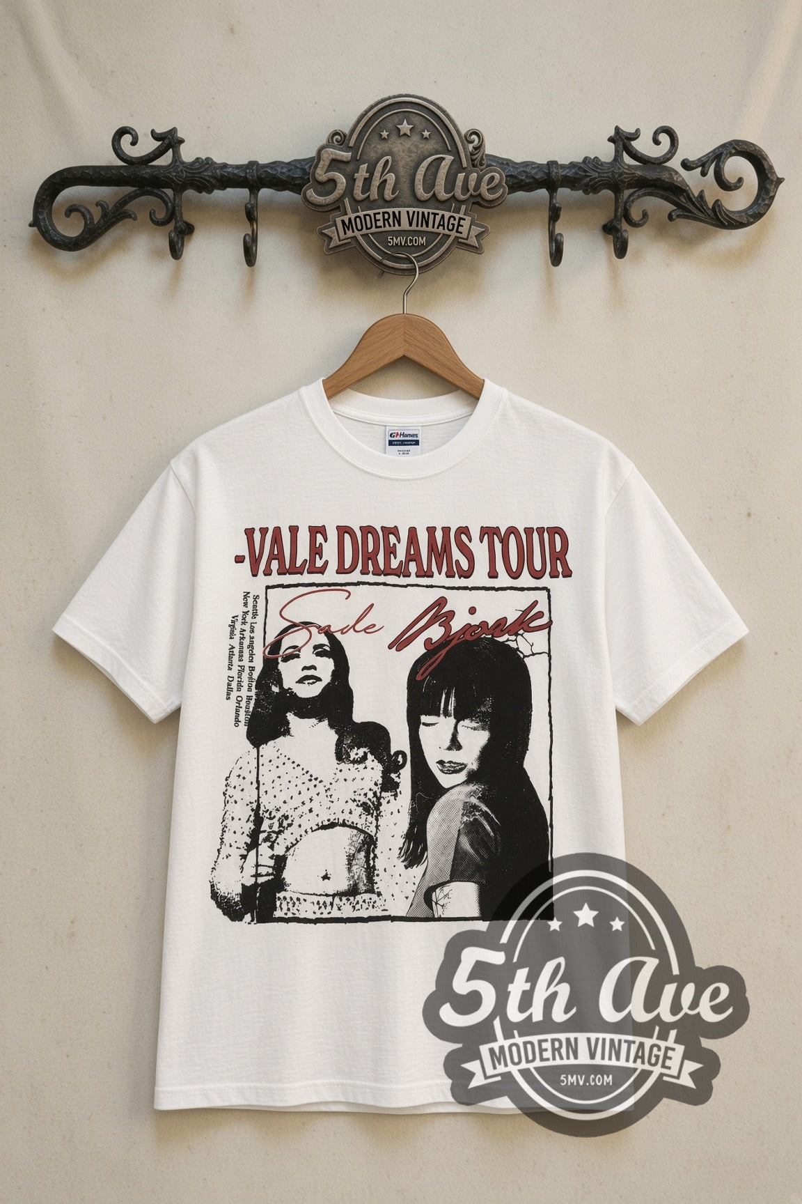 White Sade and Bjork Vale Dreams Tour band t-shirt front on cream 5th Ave rack