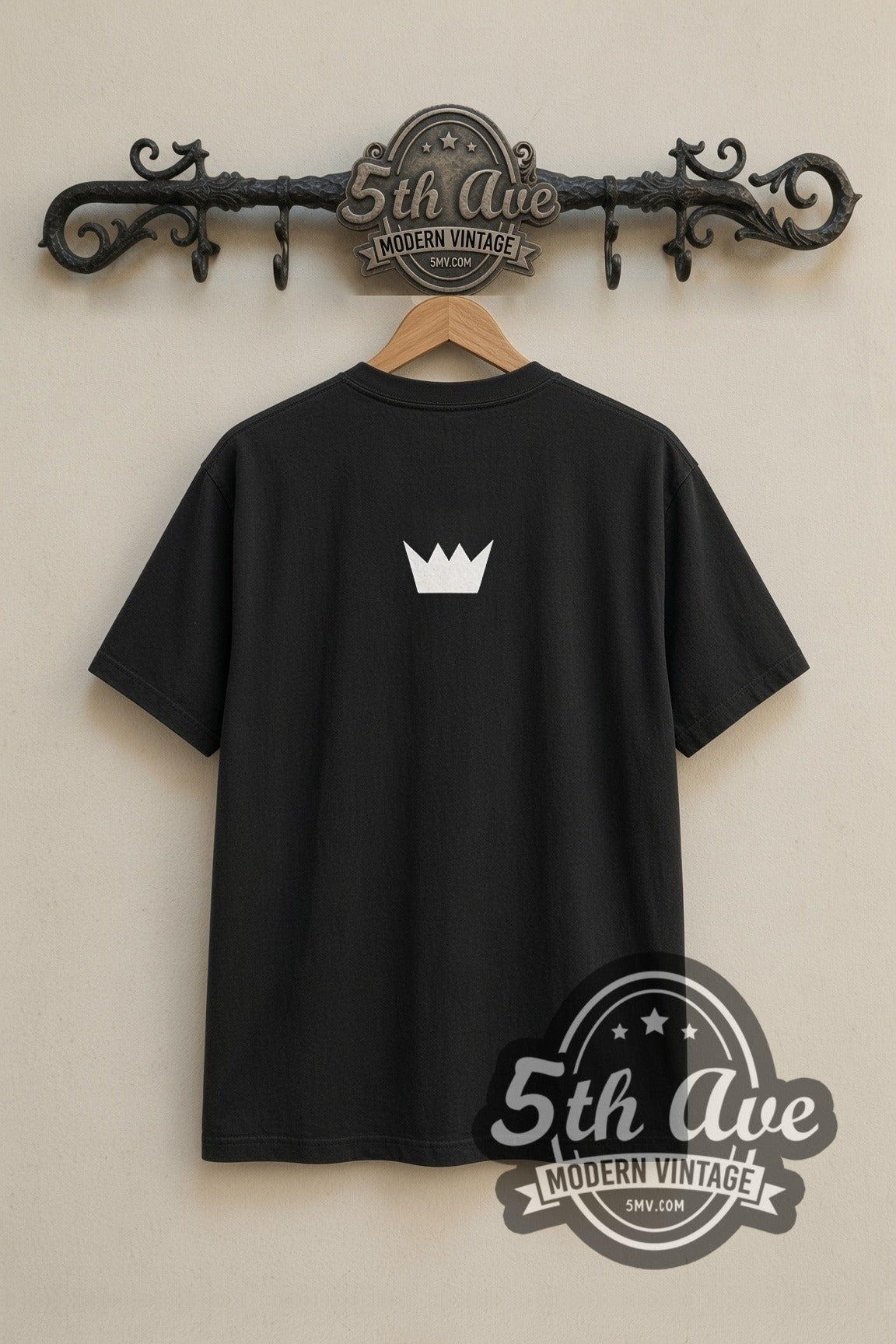 Sade King of Sorrow vintage band t-shirt in black on the 5MV rack, back view: small white crown centred just below the collar