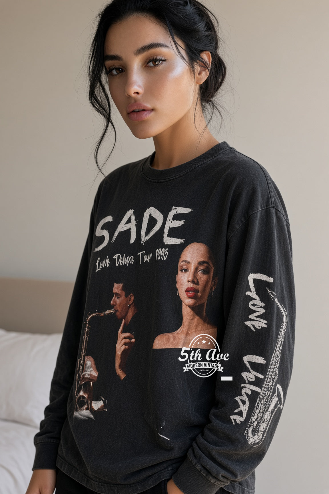 Model wearing Sade Love Deluxe Tour 1993 vintage band tee
