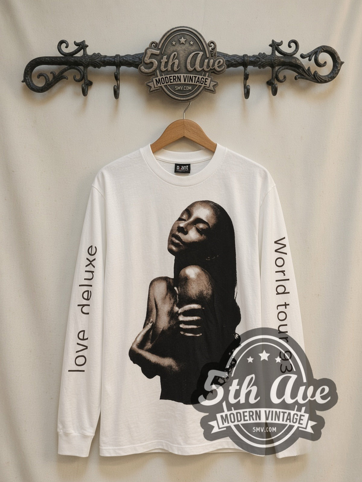 Sade Love Deluxe World Tour 1993 vintage band long sleeve t-shirt, front view on a display rack