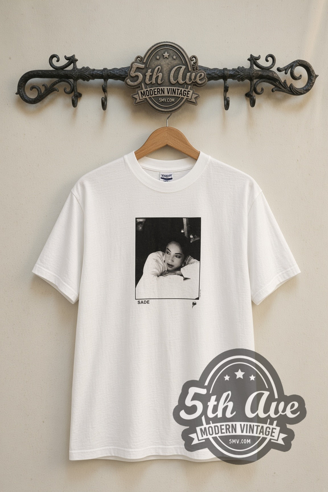 White Sade photo print band t-shirt front on cream 5th Ave rack