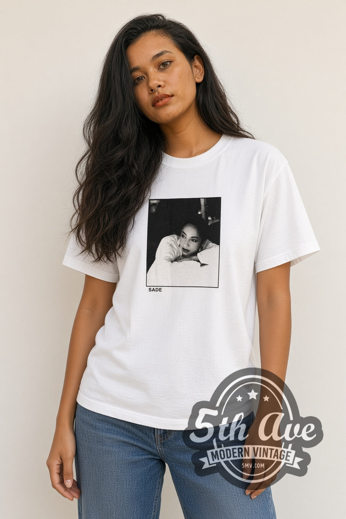 Woman wearing white Sade Stronger Than Pride vintage band t-shirt