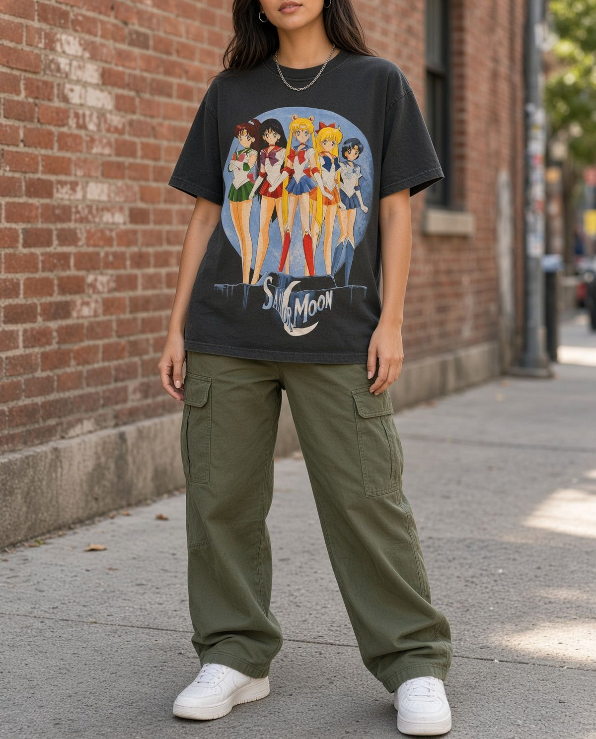 Model wearing Sailor Moon vintage anime t-shirt